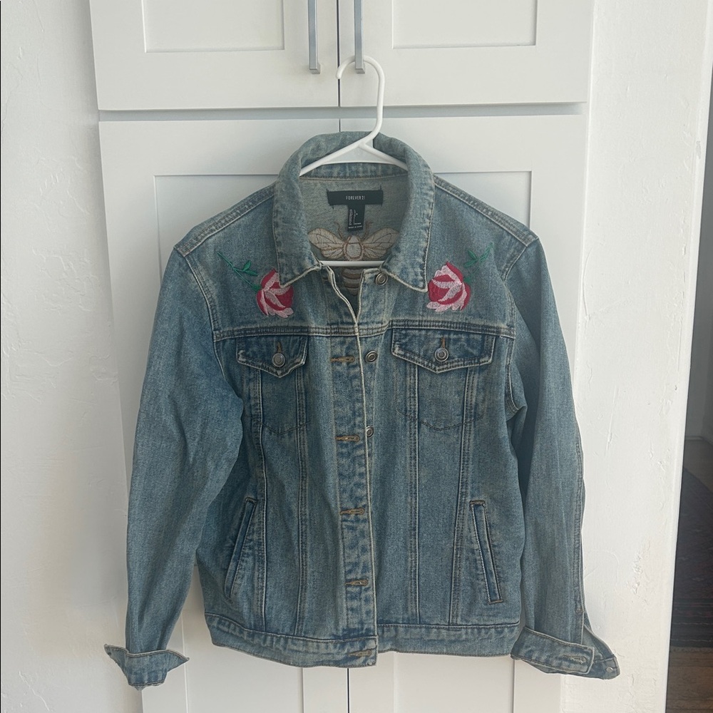 Forever 21 Blue Jean Jacket with Pink Floral Embroidery